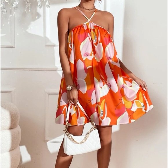 Boho Abstract Print Halter Dress Red - Picture 6 of 6